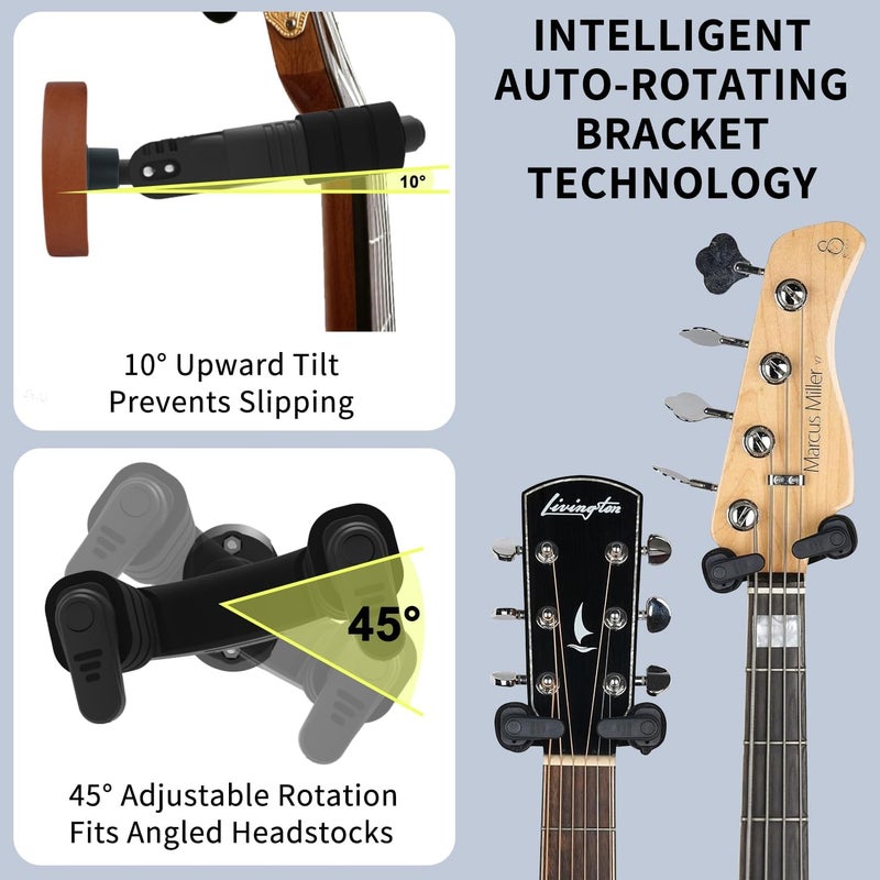 AUPHY 2-Pack Guitar Wall Hanger, Auto-Lock Guitar Wall Mount with Nitro-Safe Velvet, Universal Holder for Acoustic/Electric/Bass Guitars - Wall Guitar Mount Value Set (Wood Red) - Image 3